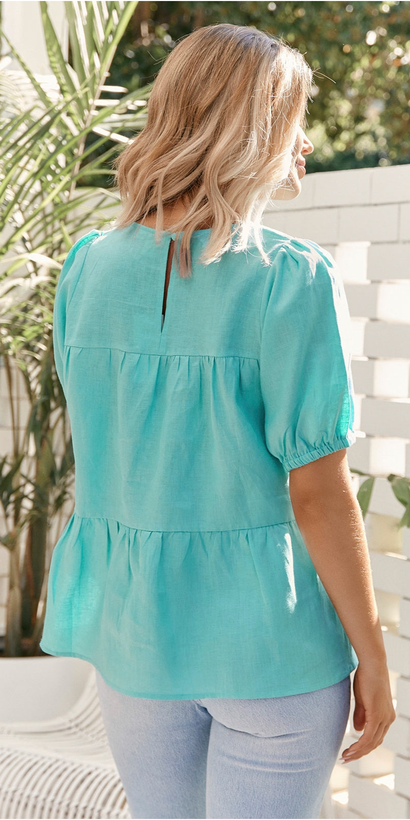 Adorne - Alana Tiered Linen Top - AQUA