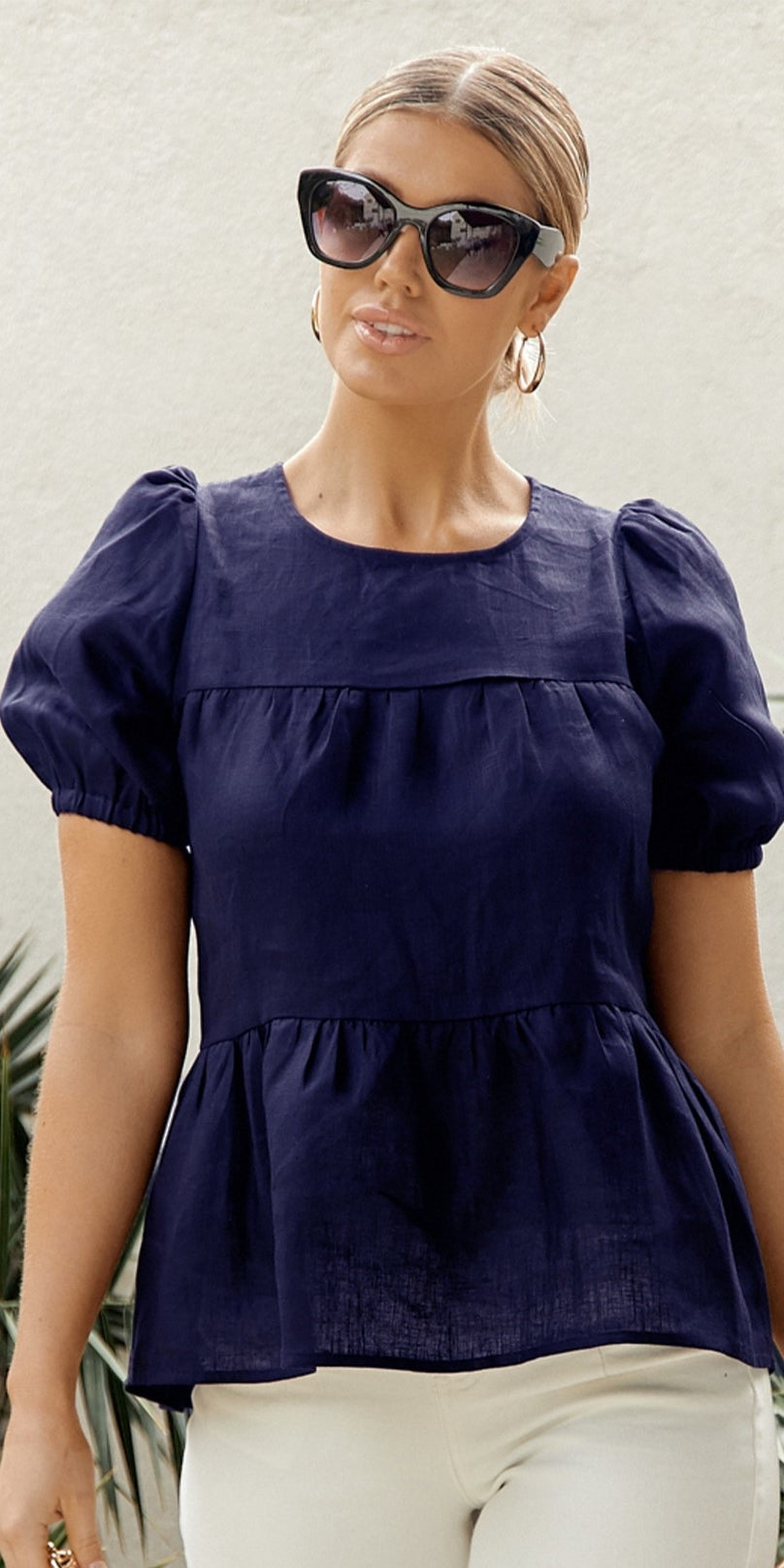 Adorne - Alana Tiered Linen Top - NAVY