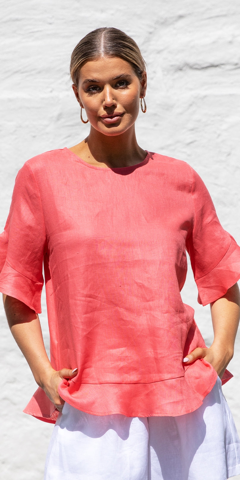 Adorne - Sara Linen Top (Coral)