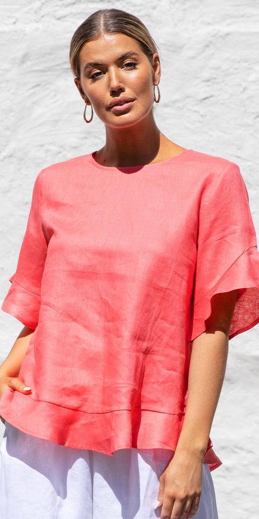 Adorne - Sara Linen Top (Coral)