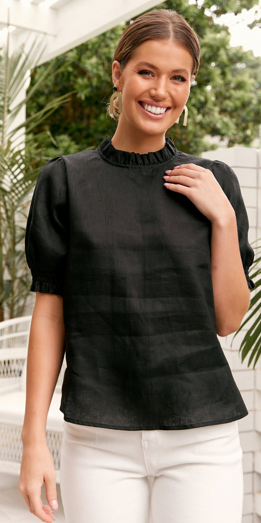 Adorne - Olivia Short Sleeve Linen Top (Black)